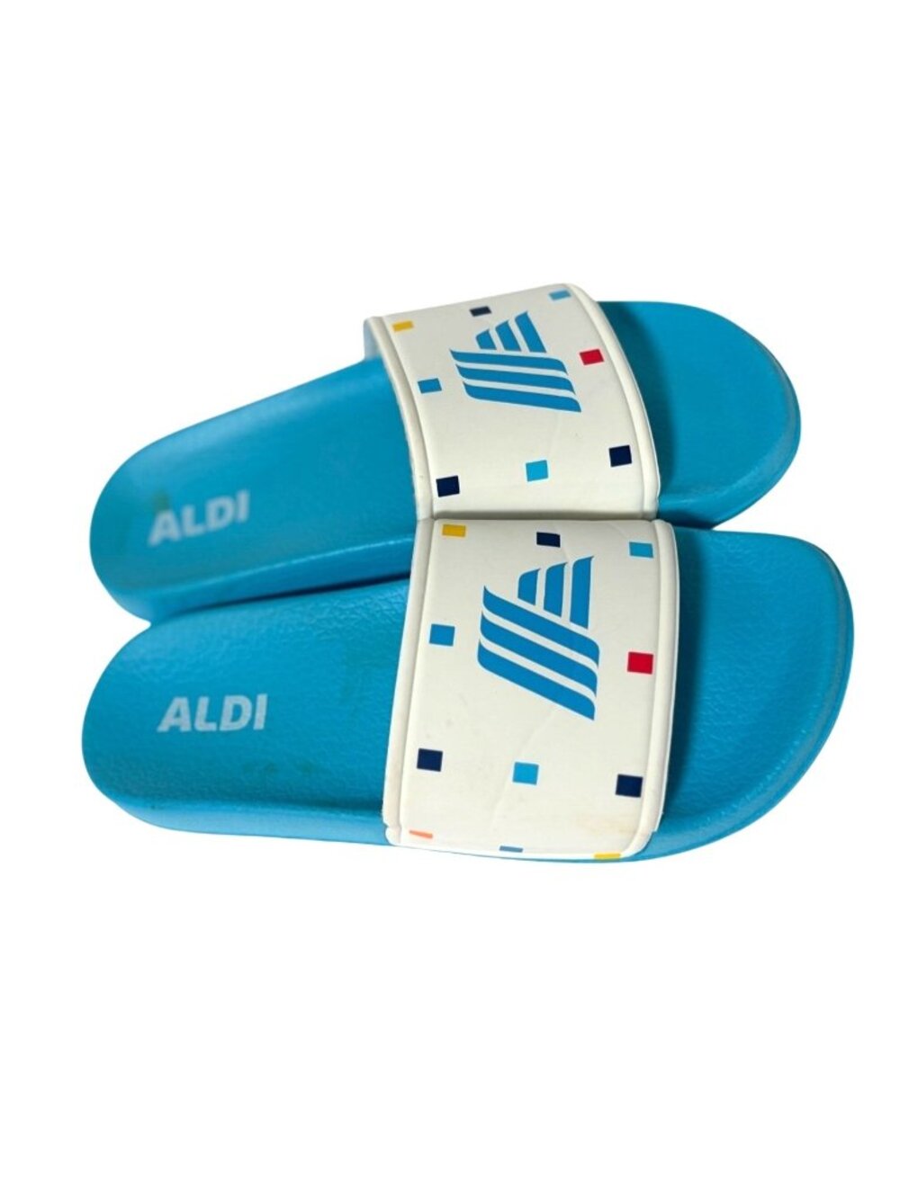 Aldis WOmens Size 8 White Blue Shoes Slide Sandals SLip On Spellout Logo Crane S